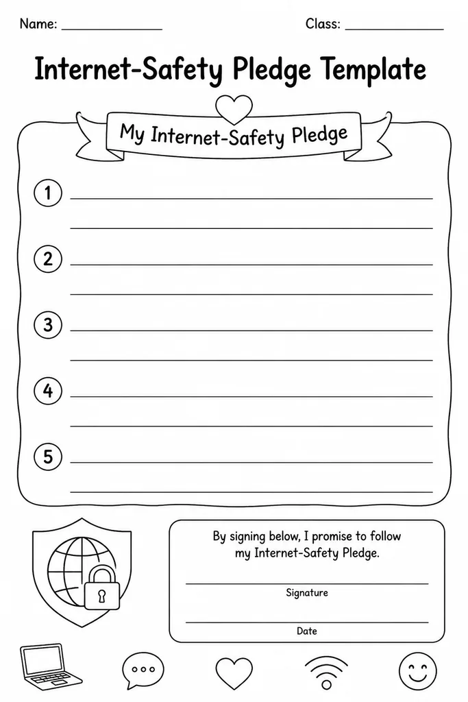 Blank printable internet safety pledge template with certificate border and empty promise lines for students to complete in their own words