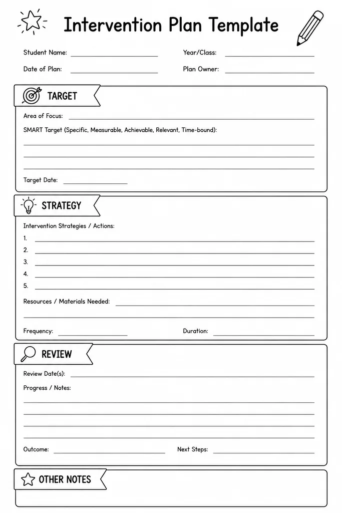 Blank student intervention plan template with sections for area of concern, goals, strategies, responsible staff, and review dates, ready to print