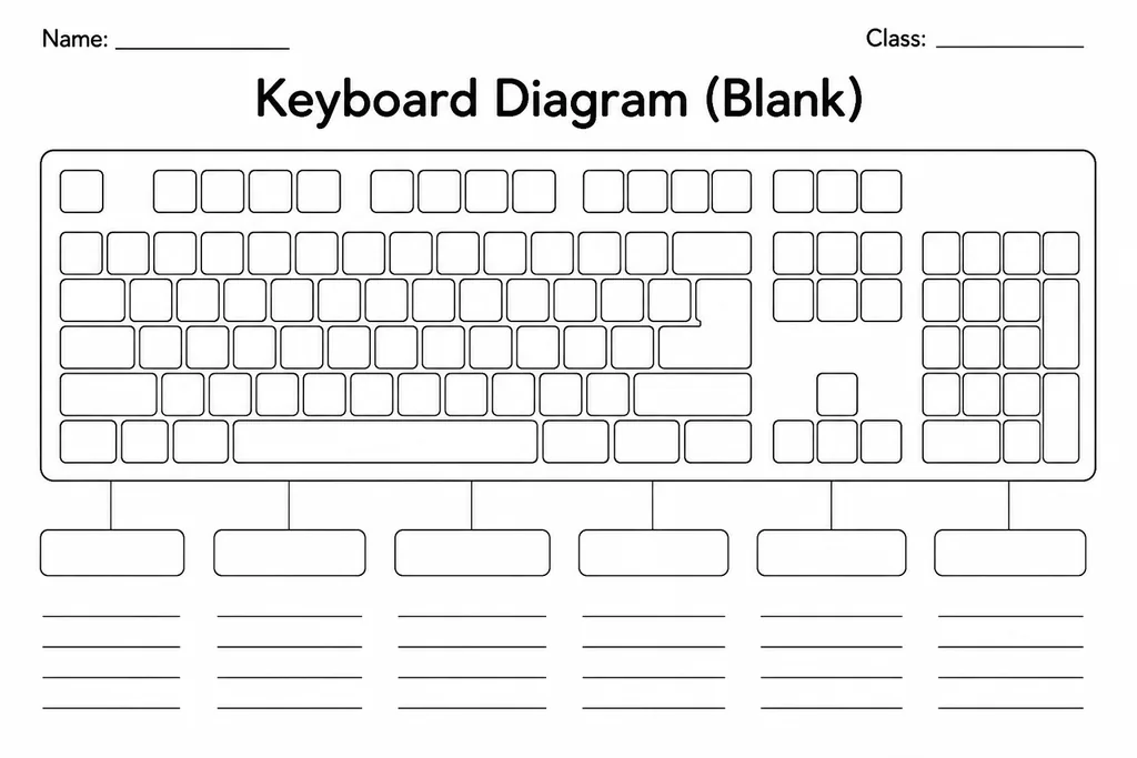 Free printable blank keyboard diagram showing a full QWERTY layout with empty keys ready for students to label or colour-code