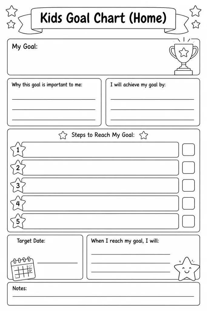 Blank printable kids goal chart with a main goal box, numbered action steps, and a progress tracker at the bottom