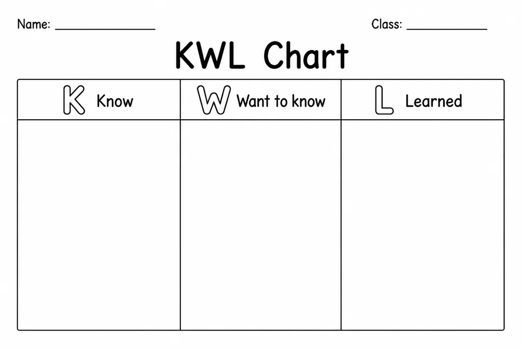 Blank printable KWL Chart with three columns labeled Know, Want to Know, and Learned on white paper