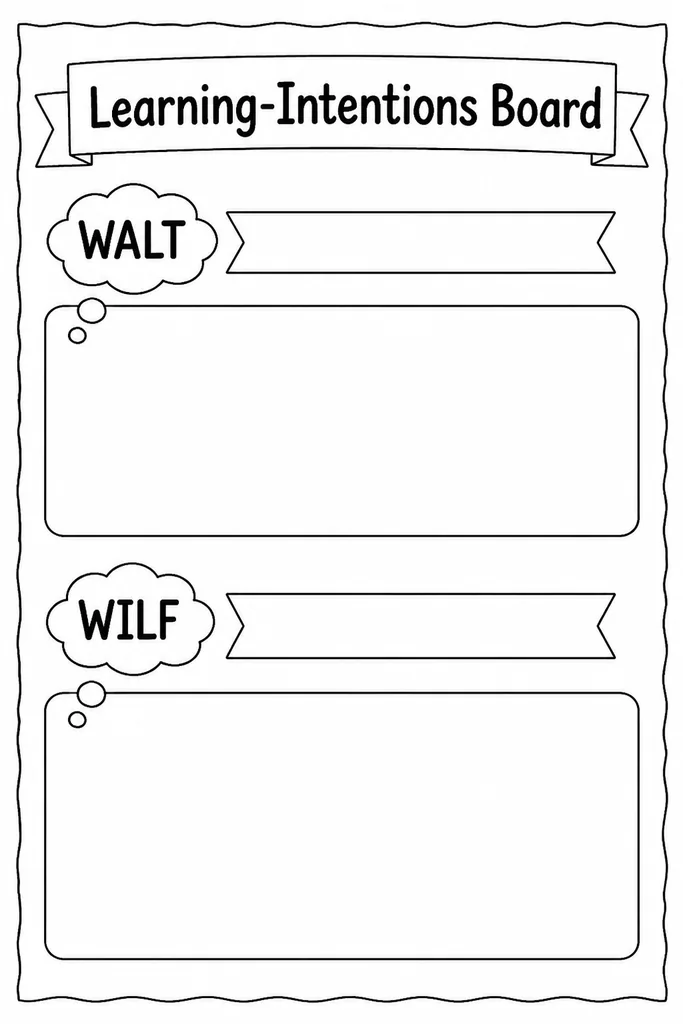 Blank learning intentions board template with labelled WALT and WILF sections, formatted as a large classroom display ready to laminate and reuse