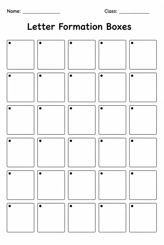 Free printable Letter Formation Boxes template with a grid of empty boxes each showing a start dot for guided letter and numeral practice