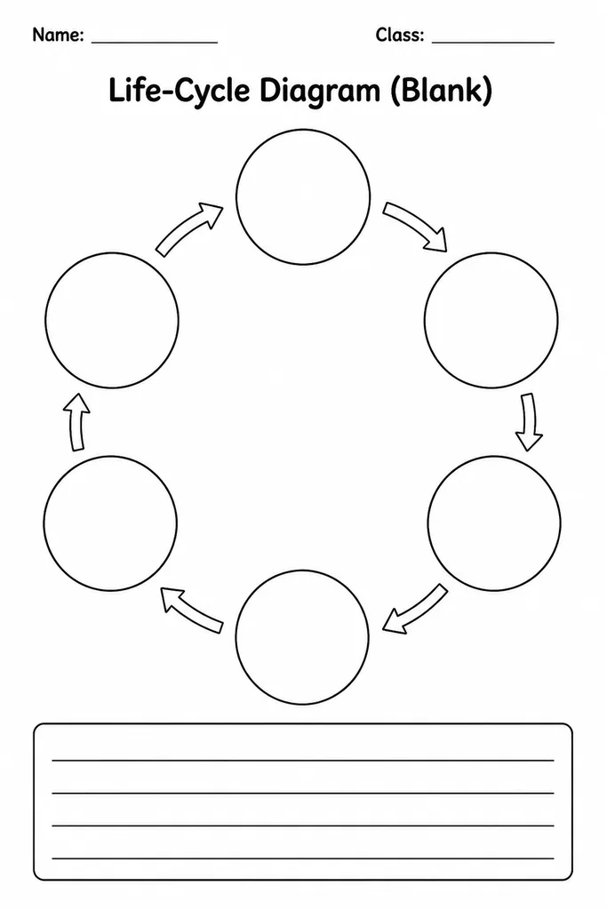 Blank printable Life-Cycle Diagram showing four empty circular segments connected by arrows in a loop, with a centre circle for the organism's name