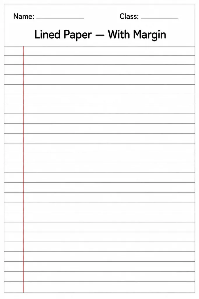 Free printable lined paper with margin template showing ruled writing lines and a red vertical margin line on the left side of the page