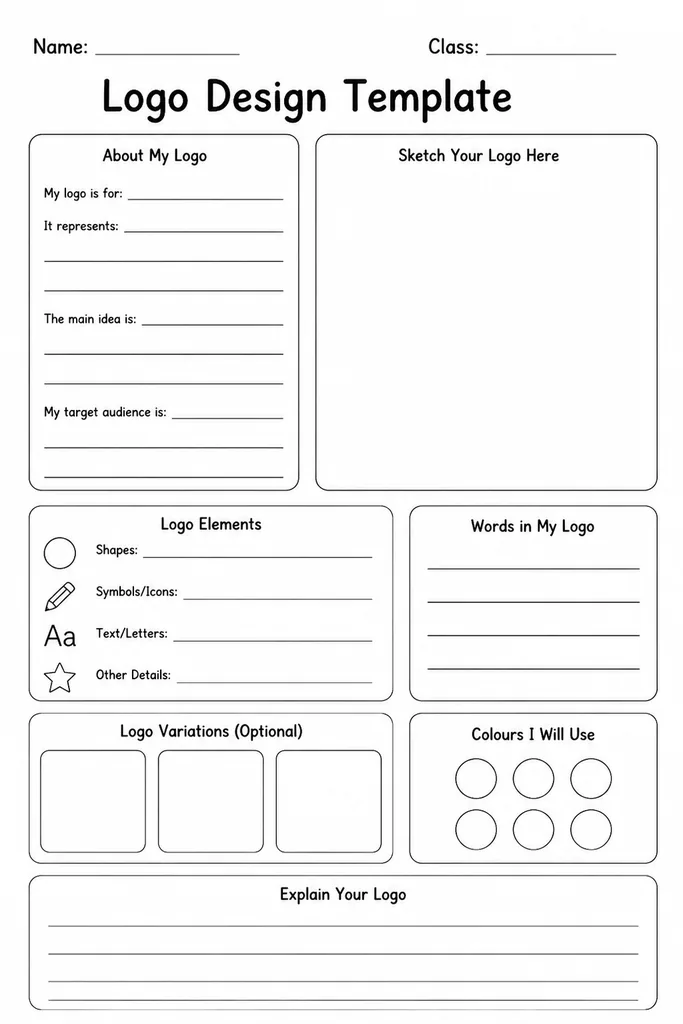 Printable logo design template with a brief section containing fields for brand name, audience, values, and colour palette, plus three blank sketch boxes below