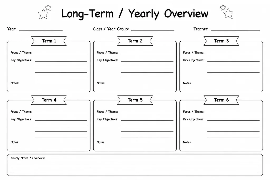 Blank printable long-term yearly overview template with a term-by-term grid showing rows for each subject and columns for each term or half-term
