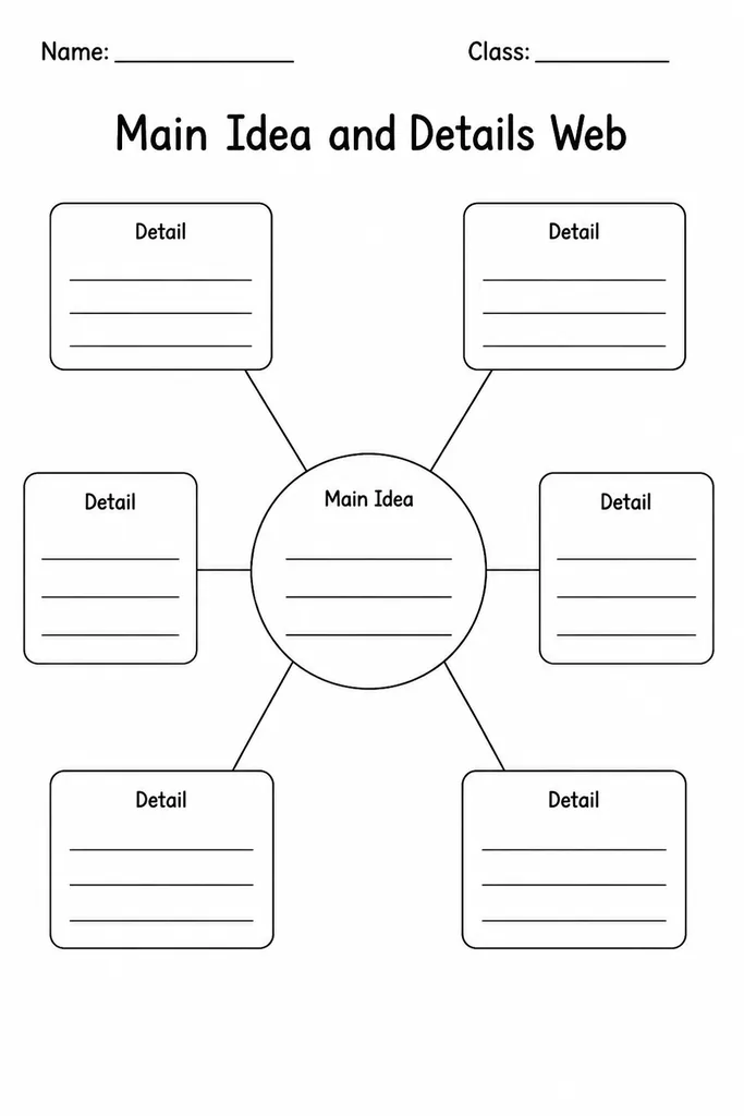 Blank printable main idea and details web graphic organiser showing a centre circle connected to six surrounding detail bubbles by radiating lines