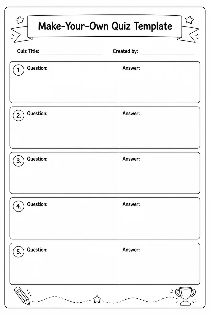 Blank printable make-your-own quiz template with numbered question slots and lined answer spaces on white A4 paper