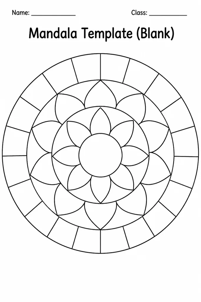 Blank printable mandala template with 12 equal segments and five concentric rings on white paper, ready to fill with patterns and colour