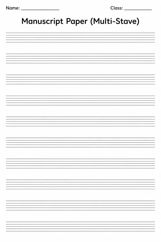 Printable multi-stave manuscript paper with ten evenly spaced blank five-line music staves on a white page
