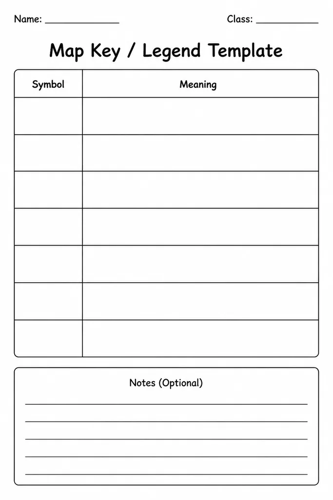 Free printable blank map key legend template with two-column symbol and meaning rows plus a symbols practice box for student mapmakers.