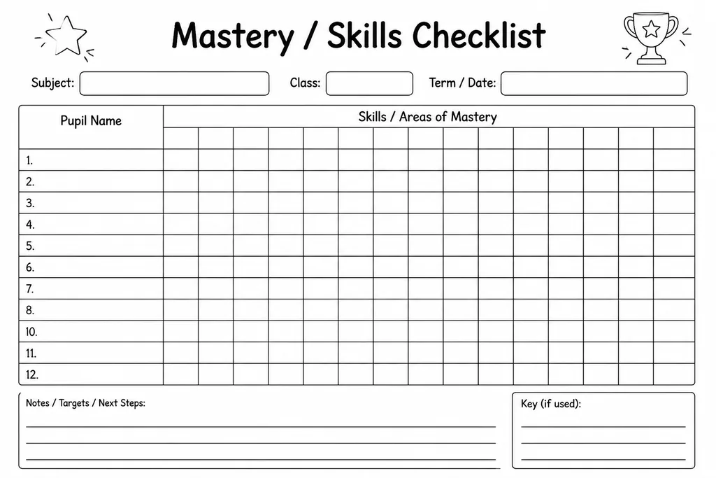 Blank printable mastery skills checklist with rows for student names and columns for skills, ready to fill in