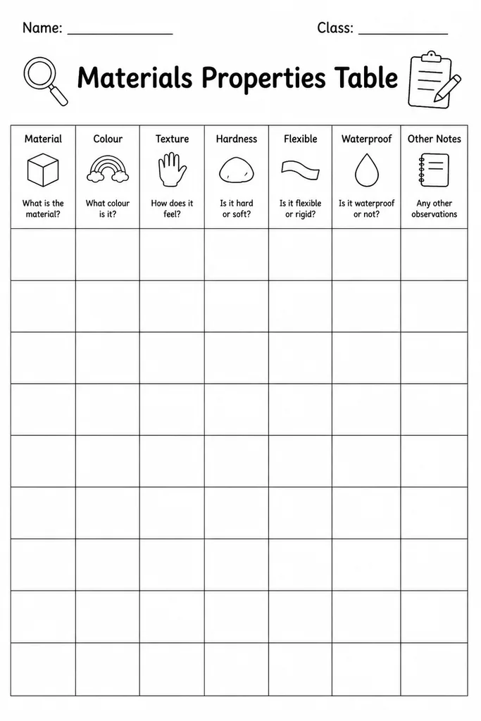 Blank printable materials properties table with empty row and column headers for student science investigations testing material characteristics, grades 1–5