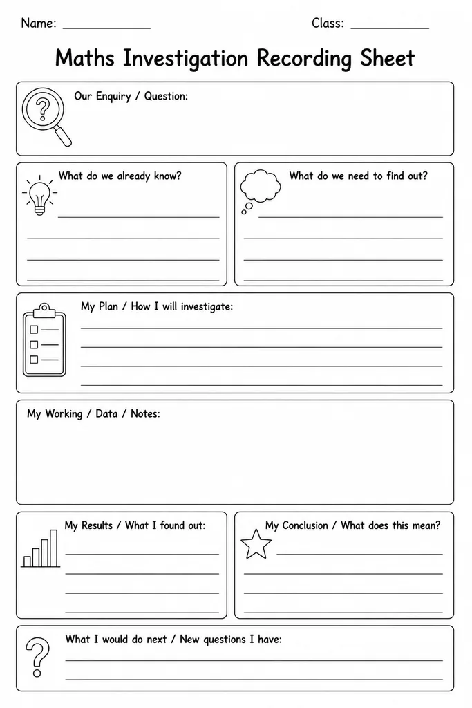 Blank printable maths investigation recording sheet with sections for aim, prediction, method, results, patterns, and conclusion