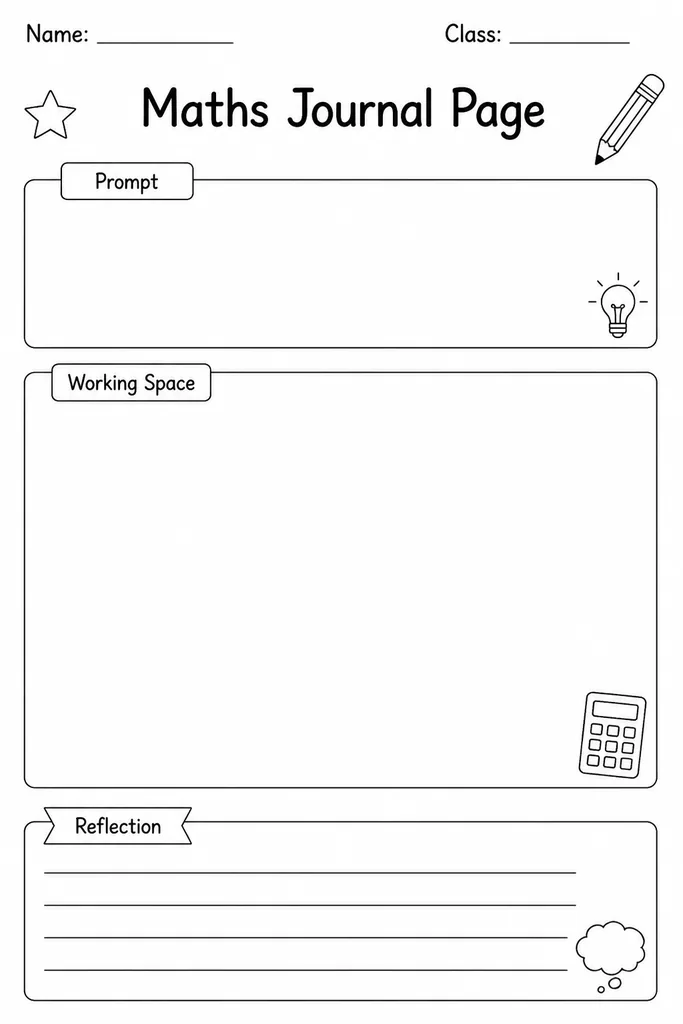 Blank printable maths journal page with a short prompt area at the top and large open working space below for student writing and diagrams