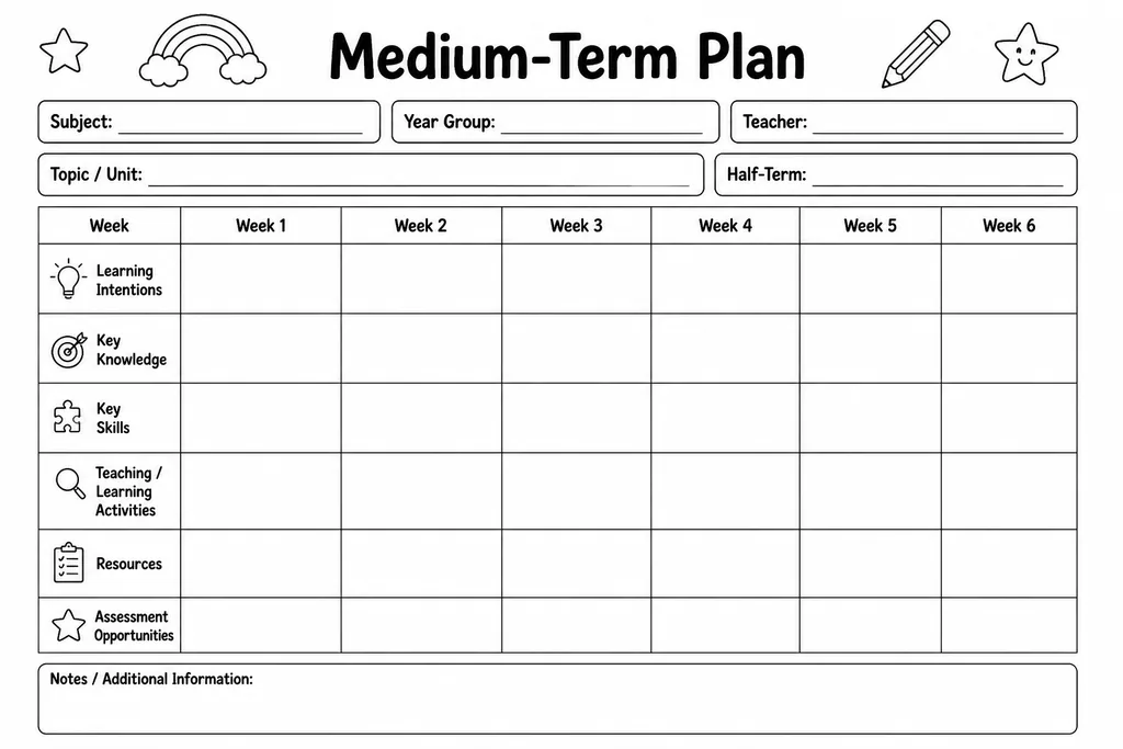 Blank printable medium-term plan template with a weekly grid of rows for learning objectives, activities, resources, and differentiation across a half-term