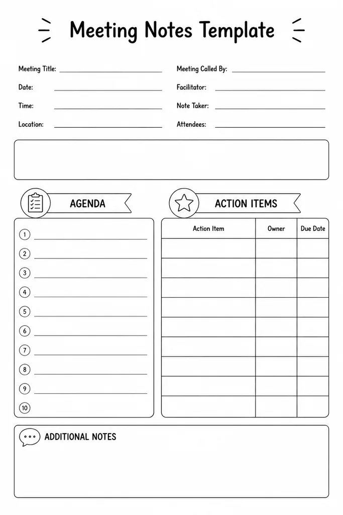 Blank printable meeting notes template with sections for agenda, discussion points, and action items with owner and due date fields