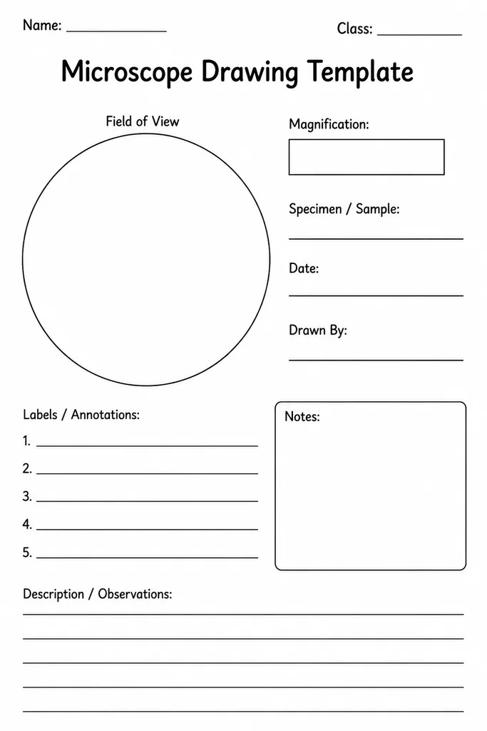 Printable microscope drawing template showing a large circular field-of-view, a smaller overview circle, and labelling lines for specimen name and magnification