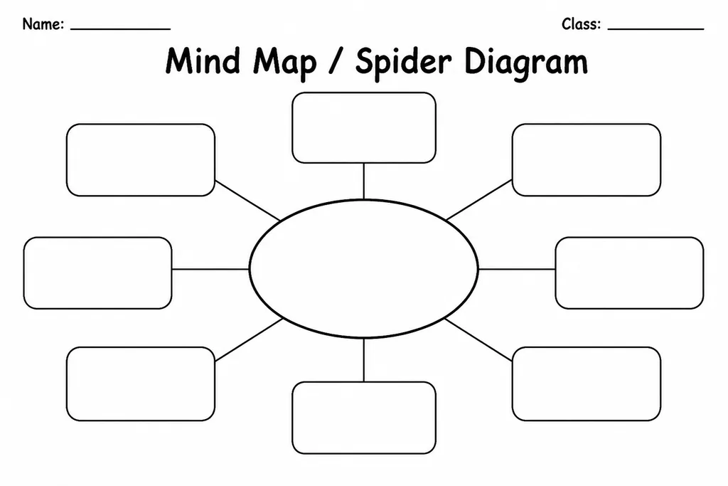 Blank printable mind map spider diagram with a central circle and radiating blank branches on white paper