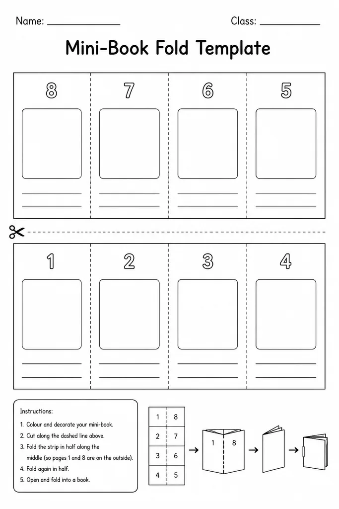 Blank 8-page mini-book fold template printed on one sheet of paper showing folding and cutting guide marks