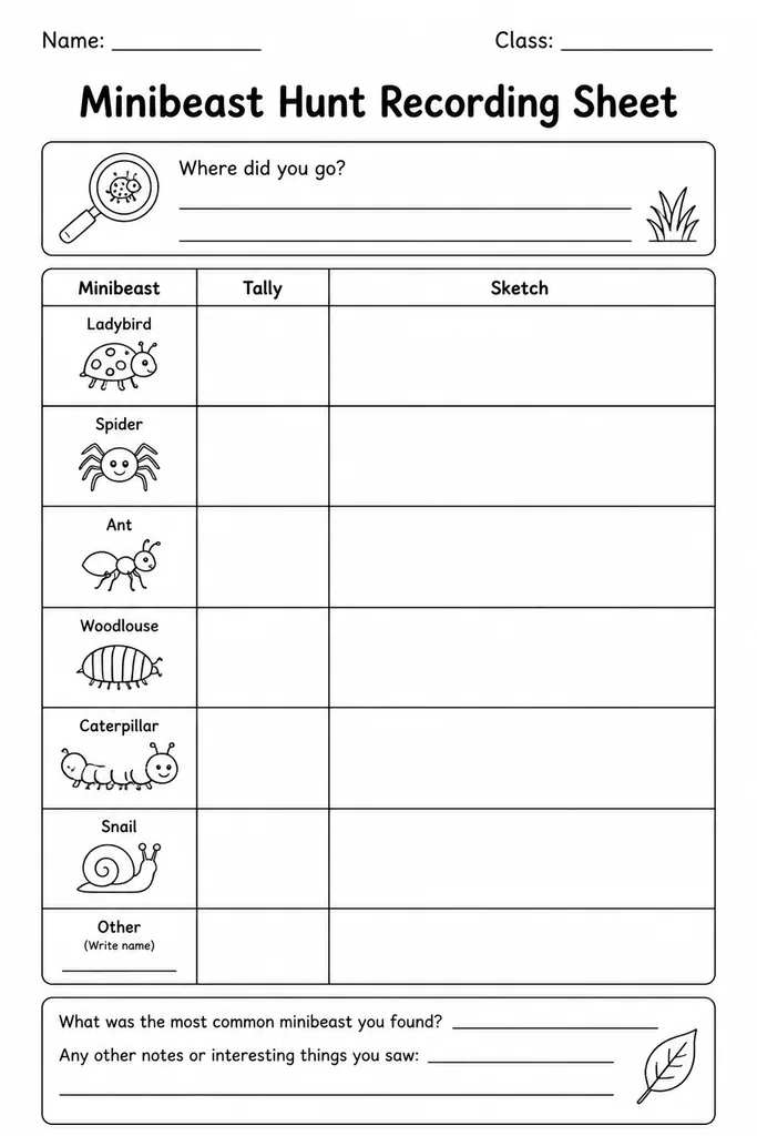 Blank printable minibeast hunt recording sheet with tally columns, sketch boxes, and habitat notes for student outdoor science, grades K–4