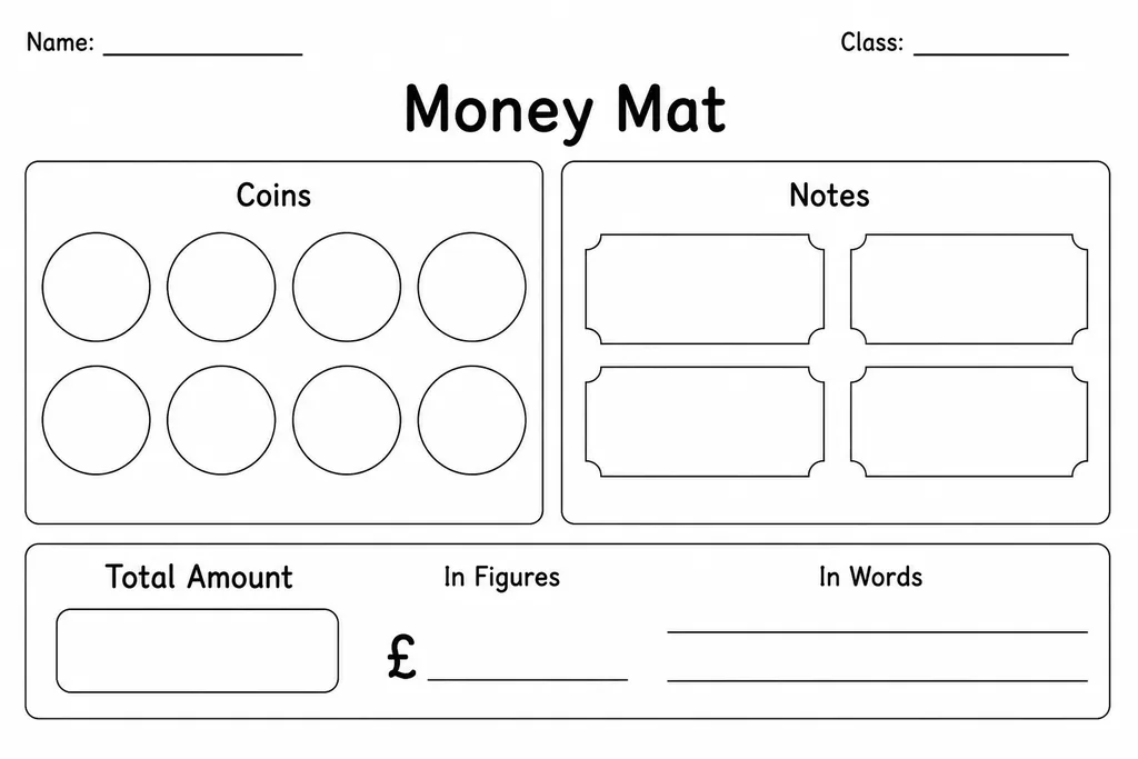 Blank printable money mat template with labelled sections for different coin and note denominations as a student working mat for counting currency