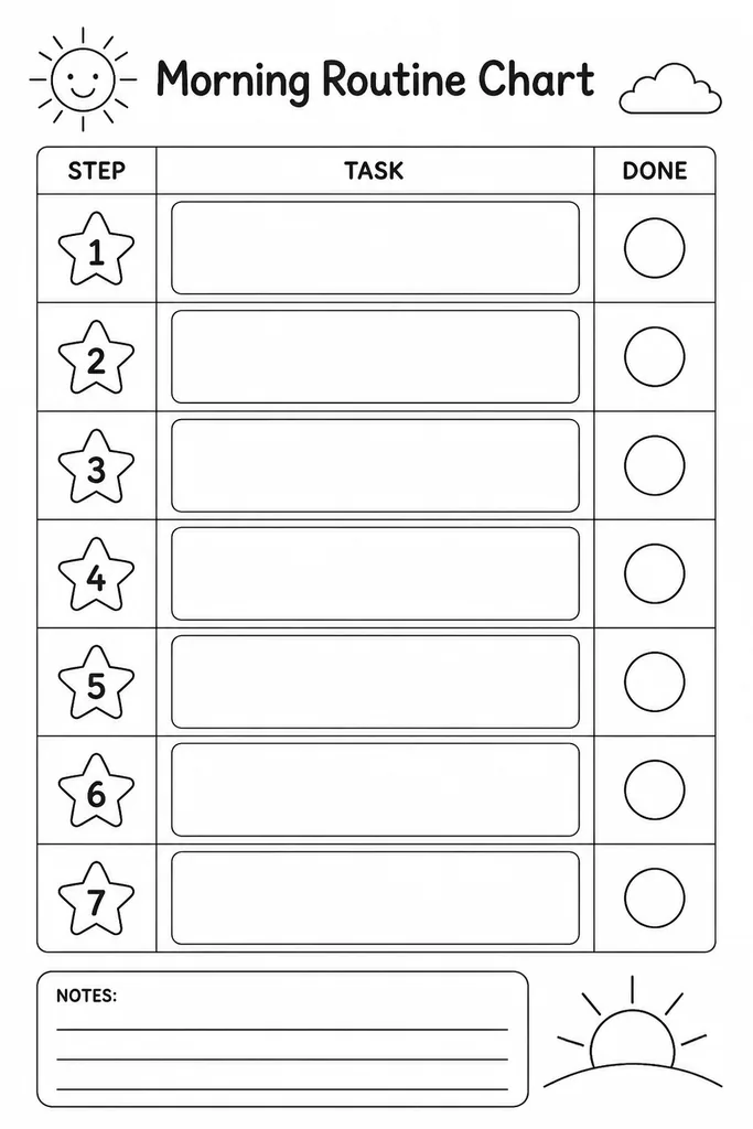 Blank printable morning routine chart template with empty rows for task names and tick boxes, designed for young children to complete independently each morning