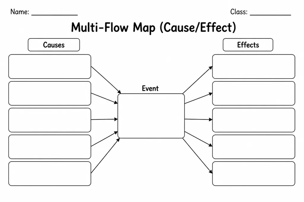 Blank printable multi-flow map graphic organizer with three cause boxes on the left, a central event box, and three effect boxes on the right, grades 3–8