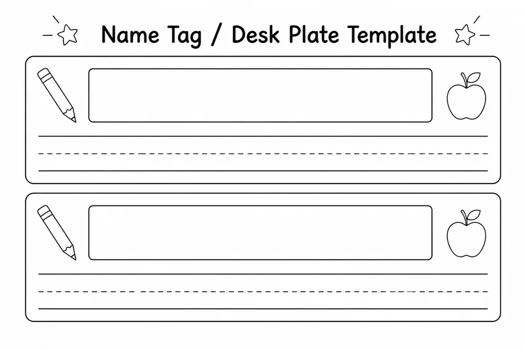 Blank printable name tag and desk plate template with fold-over tent card format and space for student name and decoration