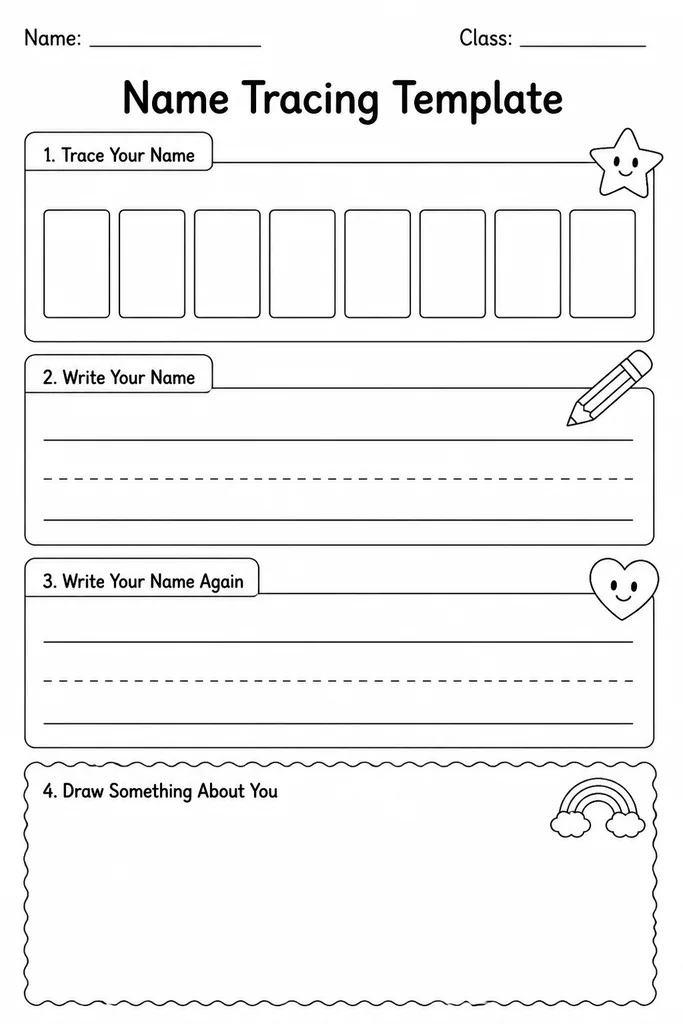 Blank name tracing template with empty dotted name boxes and practice rows below for PreK and Kindergarten students learning to write their own name