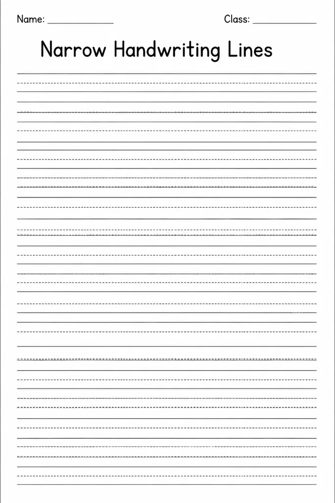 Blank narrow handwriting paper with smaller solid-dashed-solid guideline rows for Grade 2 through Grade 4 students refining their penmanship