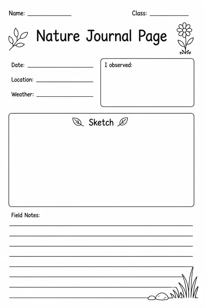 Blank printable nature journal page showing a large sketch box and ruled field-note lines for student science observations, grades K–6