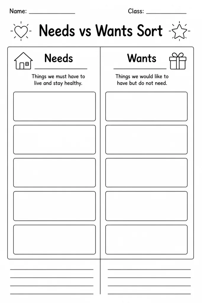 Blank printable needs vs wants two-column sorting template with empty rows for students in kindergarten through grade 4 to categorise items