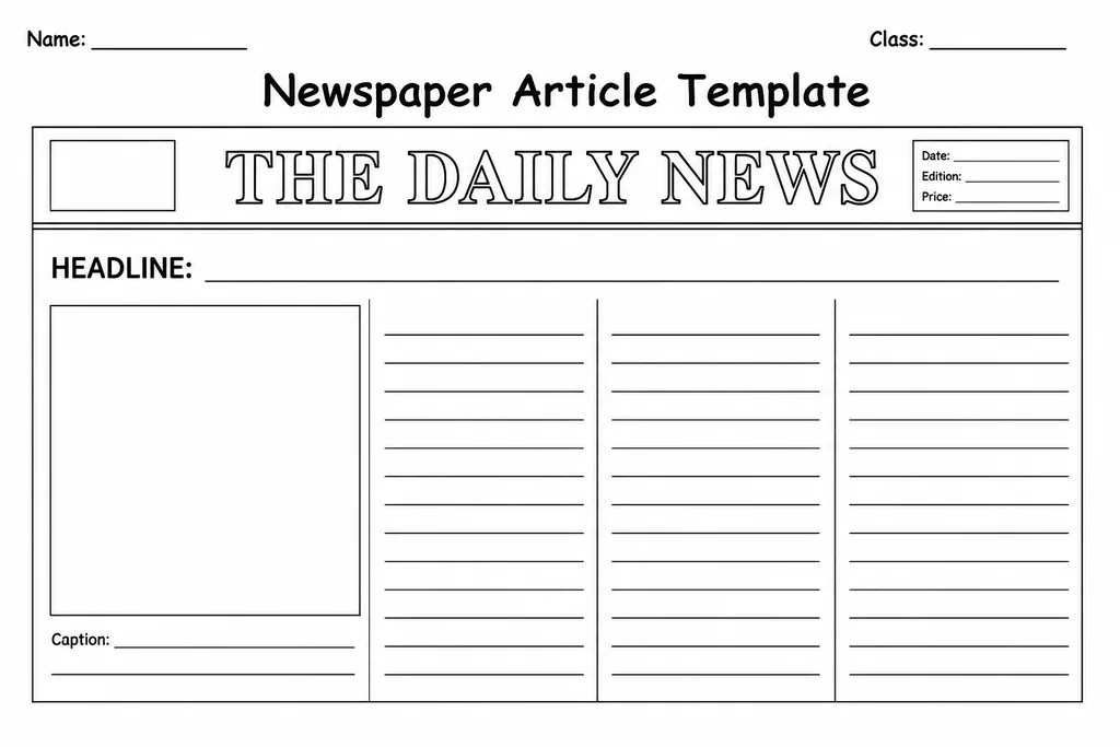 Free printable newspaper article template with masthead banner, headline field, illustration box with caption line, and two ruled text columns