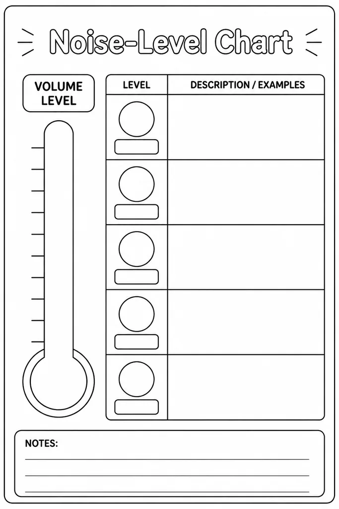 Blank printable noise-level chart with stacked horizontal bands for volume levels, ready for teacher-added labels and colours