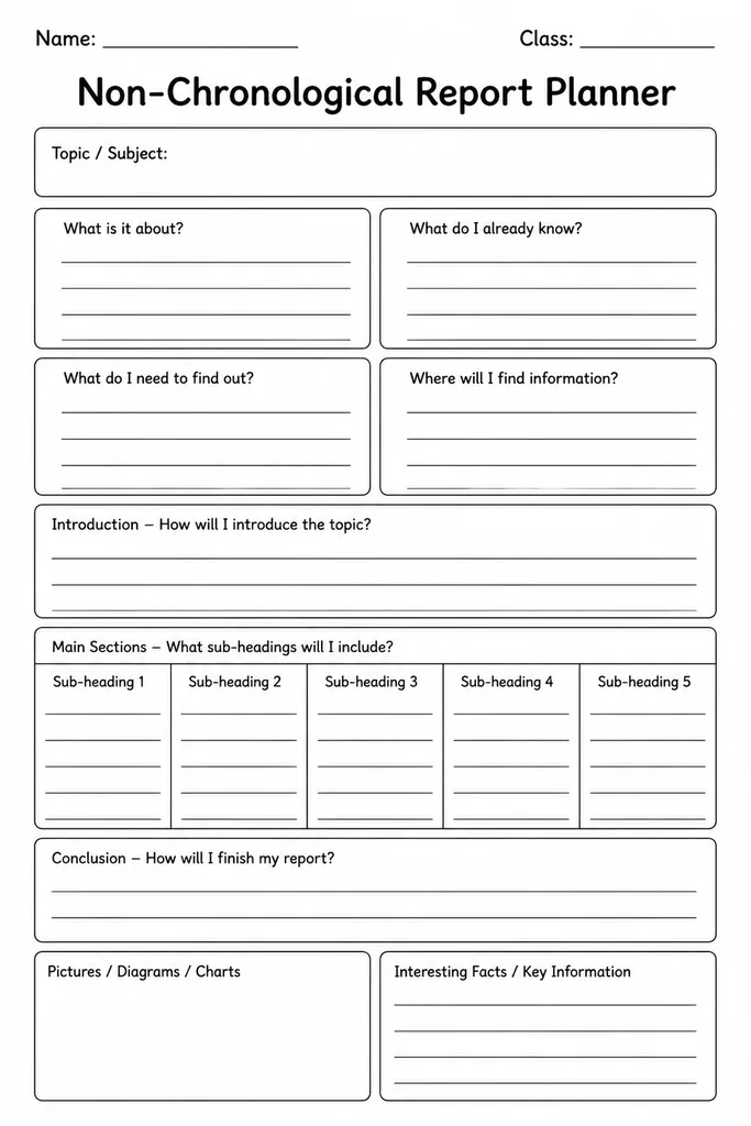 Blank Non-Chronological Report Planner printable with multiple labelled sub-heading boxes for organising facts before writing an information report