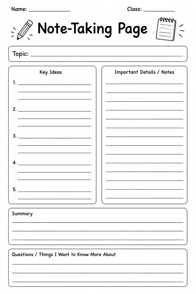 Free printable note-taking page template showing a bold title header box at the top and evenly spaced ruled lines below for student notes