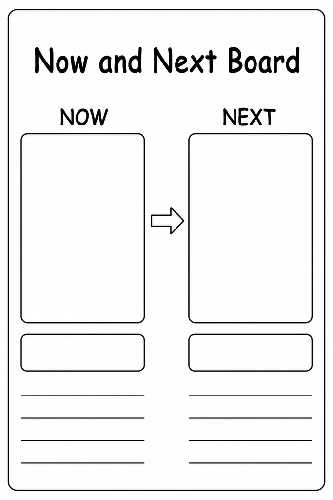 Blank printable Now and Next board with two large labelled boxes side by side, ready for handwritten or picture-symbol activities