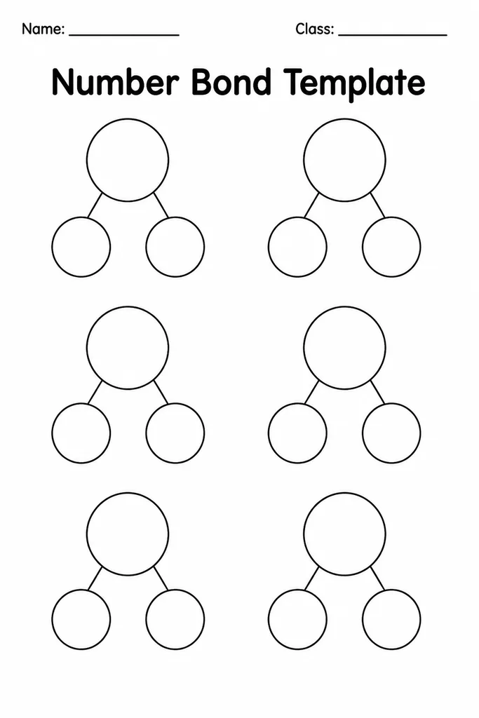Blank number bond printable template showing one large whole circle connected to two smaller part circles on white paper