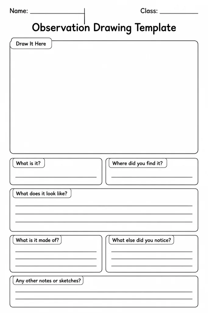 Blank printable Observation Drawing Template featuring a large empty sketch box and a label area with lines for annotating scientific observations