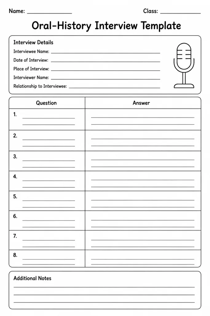 Blank printable oral history interview template with question lines and lined answer rows for students in grades 3 through 8 to record interview responses
