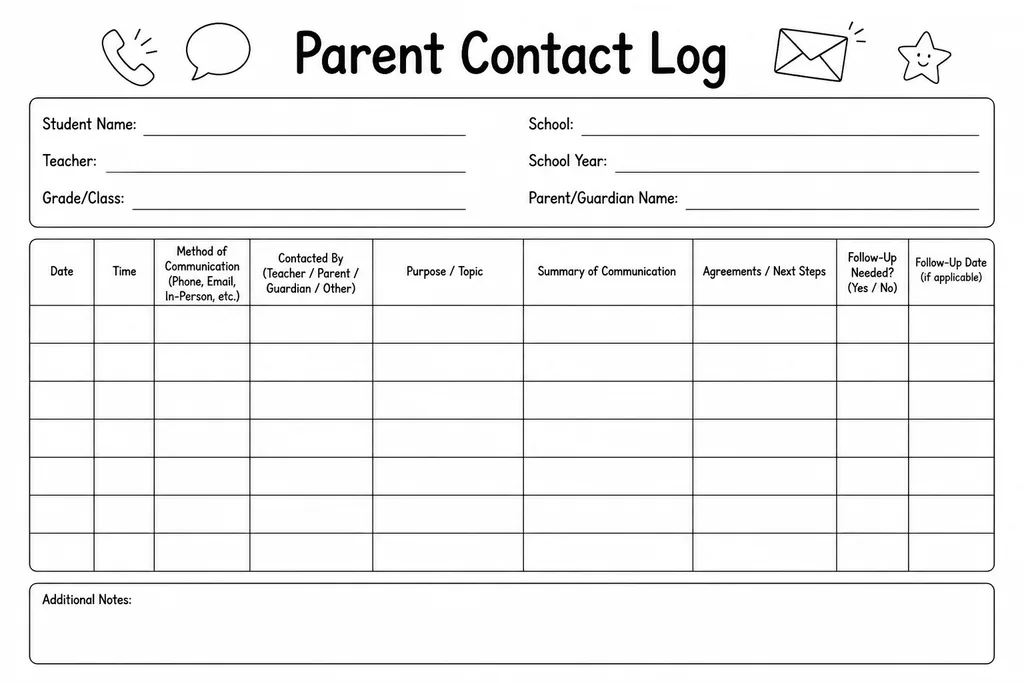 Blank printable parent contact log with columns for date, student name, contact method, communication summary, and follow-up action items