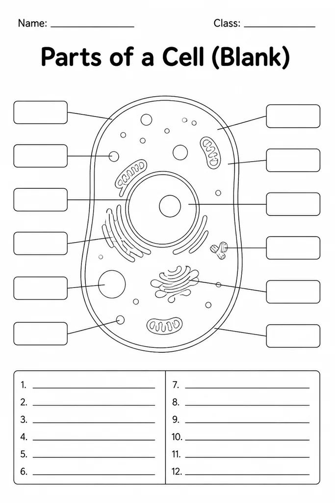Blank printable parts-of-a-cell diagram showing unlabelled organelles in cross-section with empty label lines for students to complete