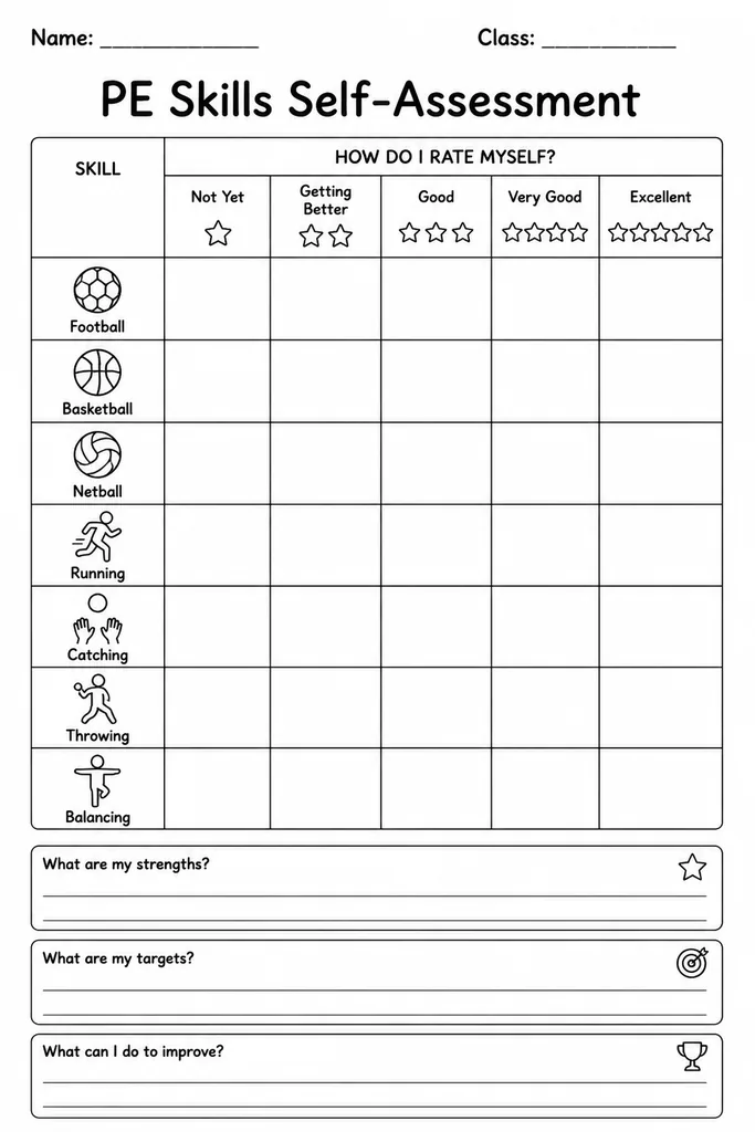 Blank PE skills self-assessment template with a left column for skill names and rating columns for before and after a physical education unit
