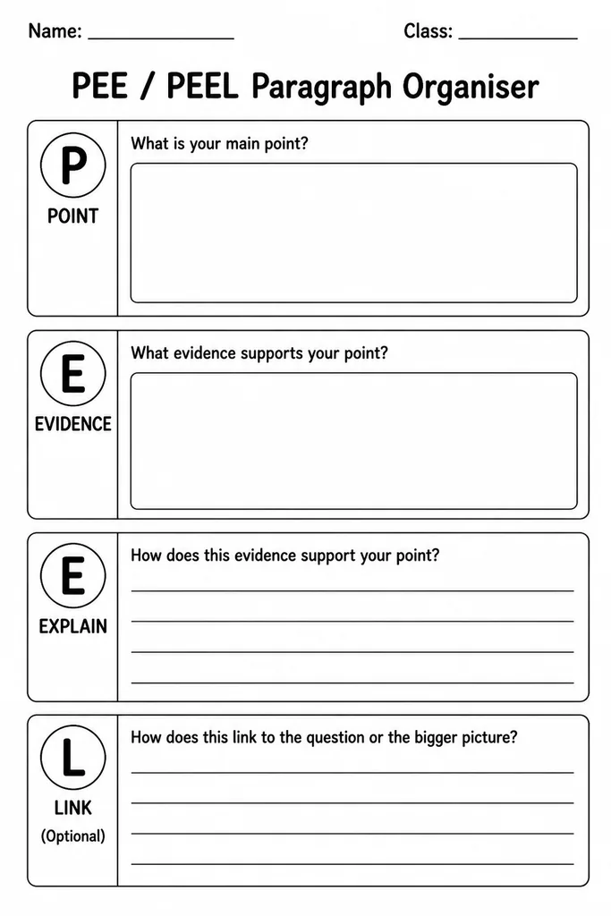 Blank PEE PEEL Paragraph Organiser printable with four labelled boxes: Point, Evidence, Explain, and Link for student writing