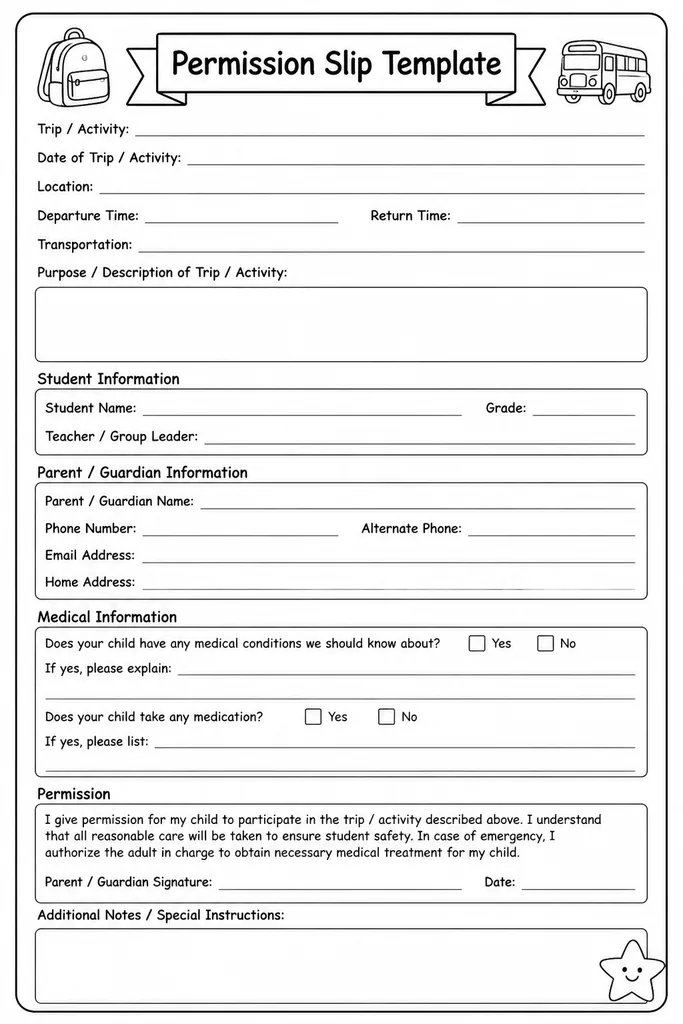 Blank printable permission slip template with fields for trip details, date, parent signature line, and teacher notes