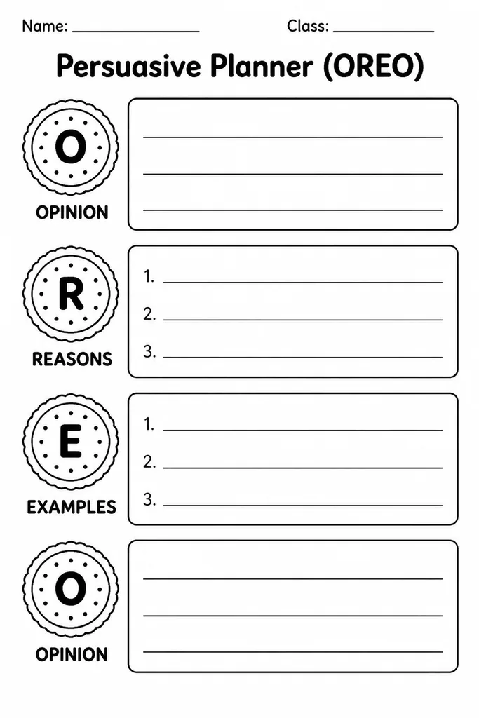 Blank printable OREO Persuasive Planner graphic organizer with four labeled layers: Opinion, Reasons, Evidence and Examples, and restated Opinion