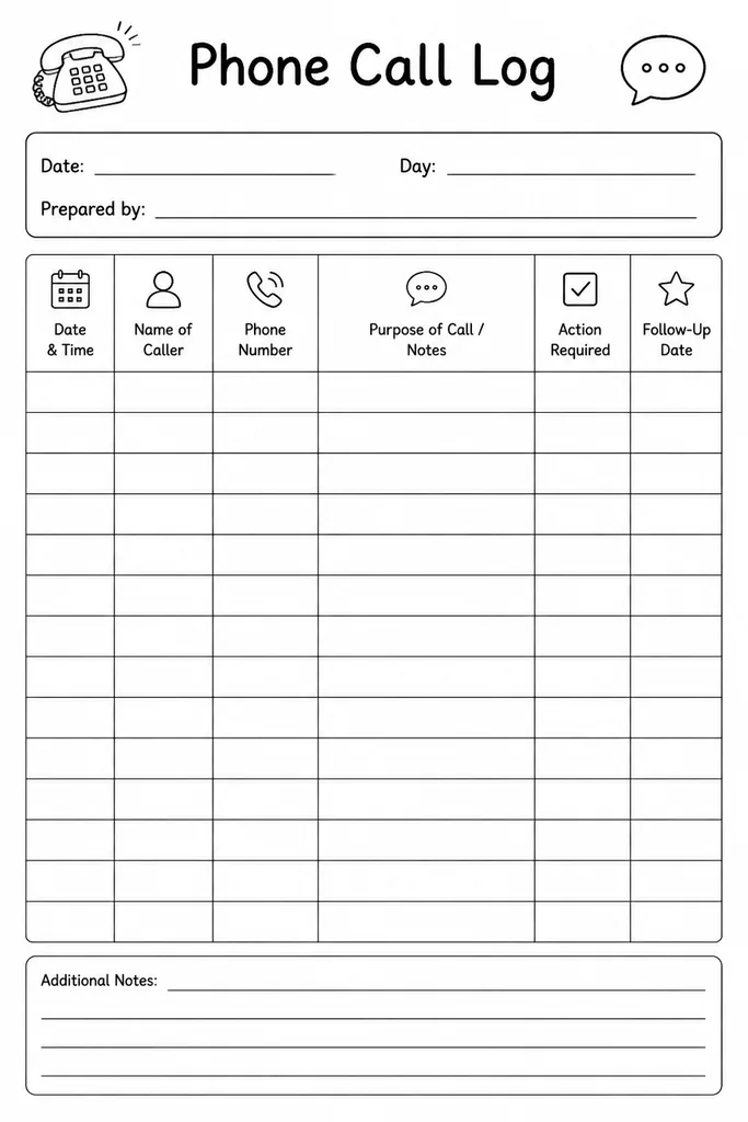 Blank printable teacher phone call log with rows for date, time, student name, parent name, call duration, summary, and next steps