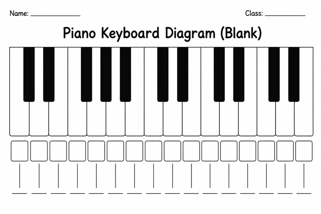 Printable blank piano keyboard diagram showing white and black keys across one to two octaves ready for students to label note names
